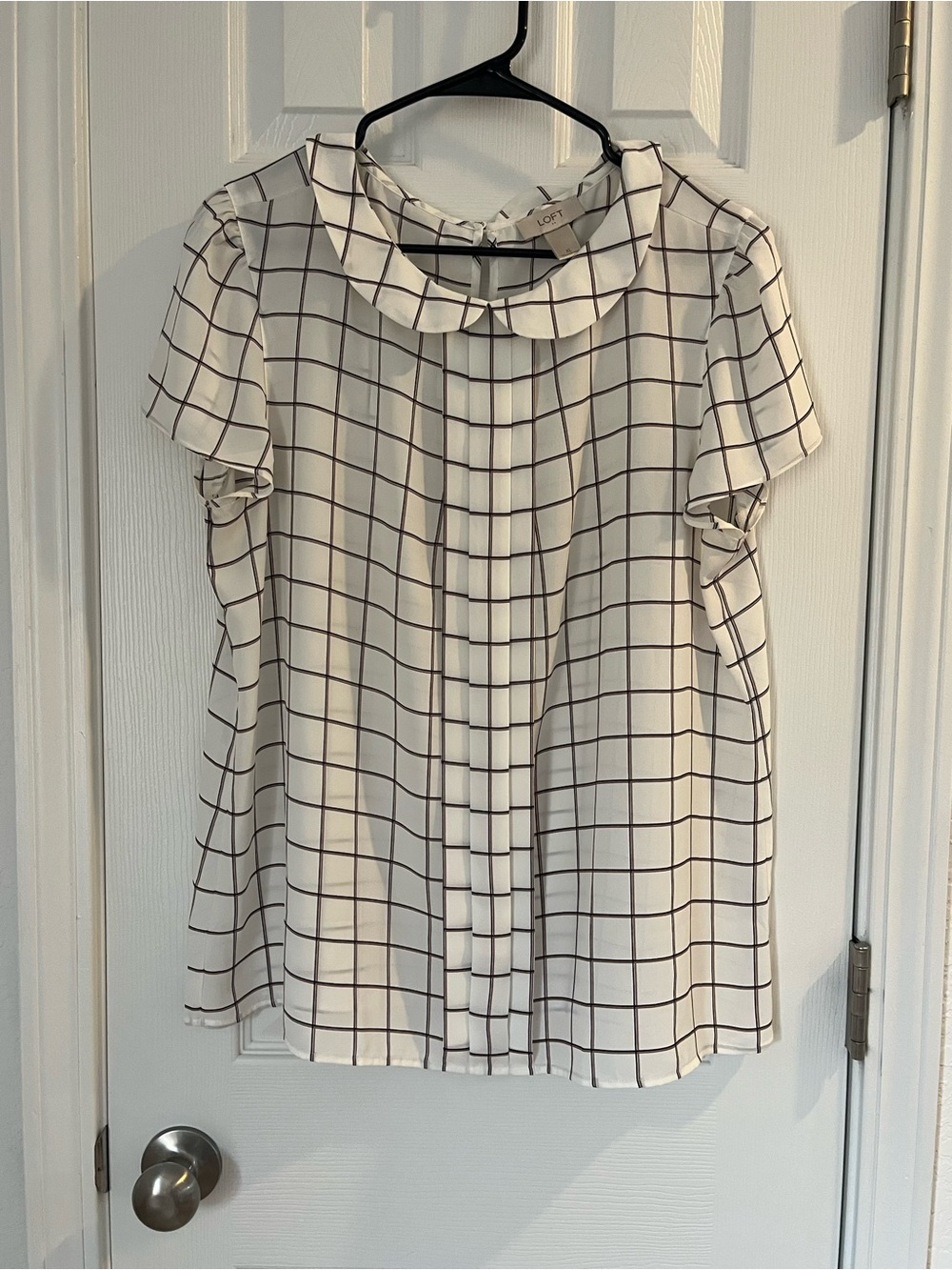 LOFT White Grid Print Peter Pan Collar Blouse